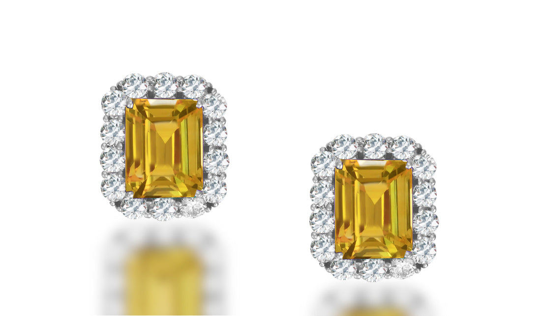 2 custom unique emerald cut yellow sapphire and diamond halo earrings