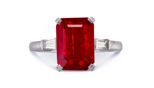 19 custom made unique emerald cut ruby center stone with baguette diamond accents three stone engagement ring