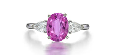 201 custom made unique oval pink sapphire center stone and pear shaped diamond accents three stone engagement ring1