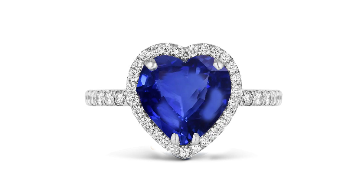 202 custom made unique heart blue sapphire center stone and diamond halo engagement ring