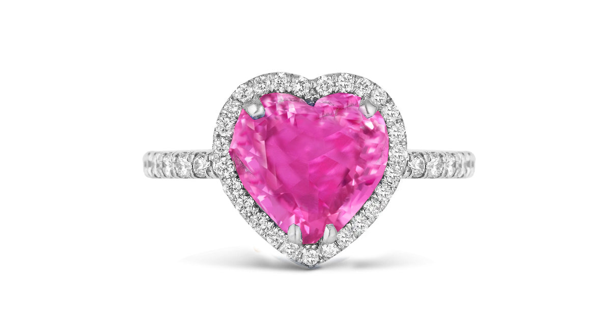 202 custom made unique heart pink sapphire center stone and diamond halo engagement ring