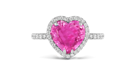 202 custom made unique heart pink sapphire center stone and diamond halo engagement ring