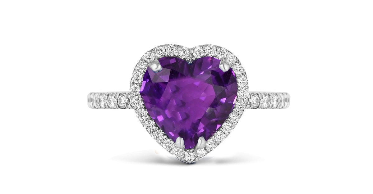 202 custom made unique heart purple sapphire center stone and diamond halo engagement ring