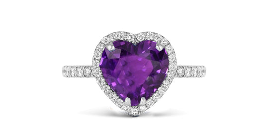 202 custom made unique heart purple sapphire center stone and diamond halo engagement ring