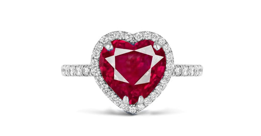 202 custom made unique heart ruby center stone and diamond halo engagement ring