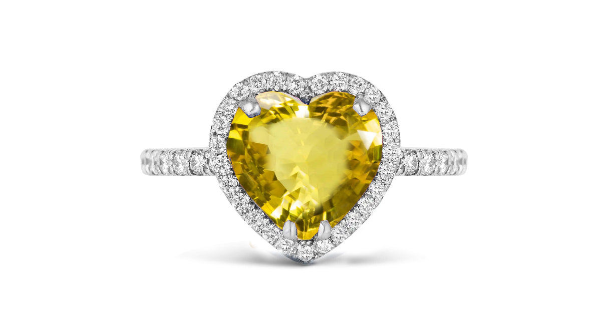 202 custom made unique heart yellow sapphire center stone and diamond halo engagement ring