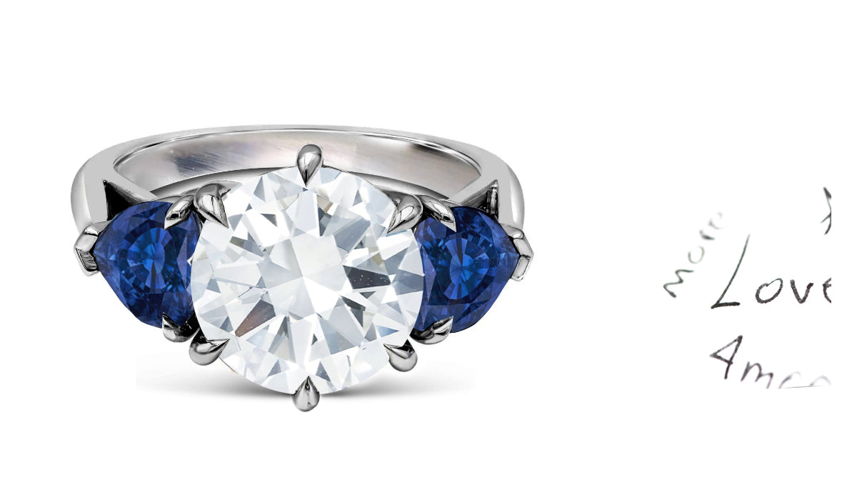 204 custom made unique round diamond center stone and heart blue sapph ...