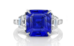 205 custom made unique asscher cut blue sapphire center stone and trapezoid diamond side three stone engagement ring1