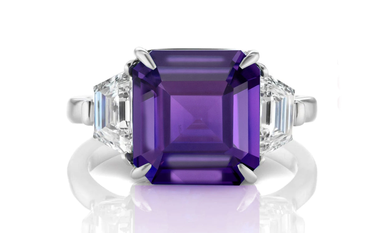 205 custom made unique asscher cut purple sapphire center stone and trapezoid diamond side three stone engagement ring