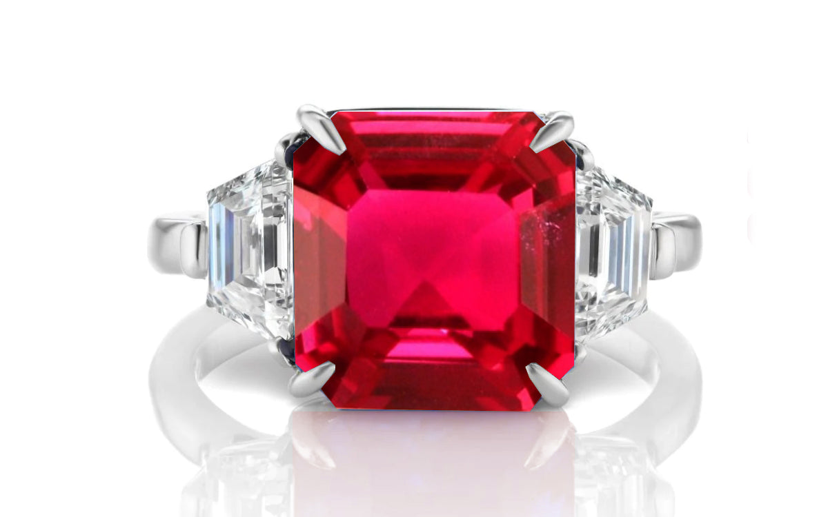 205 custom made unique asscher cut ruby center stone and trapezoid diamond side three stone engagement ring