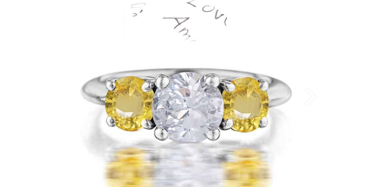 210 custom made unique round cut diamond center stone and round yellow sapphire side three stone engagement ring