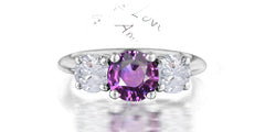 211 custom made unique round cut purple sapphire center stone and round diamond side three stone engagement ring