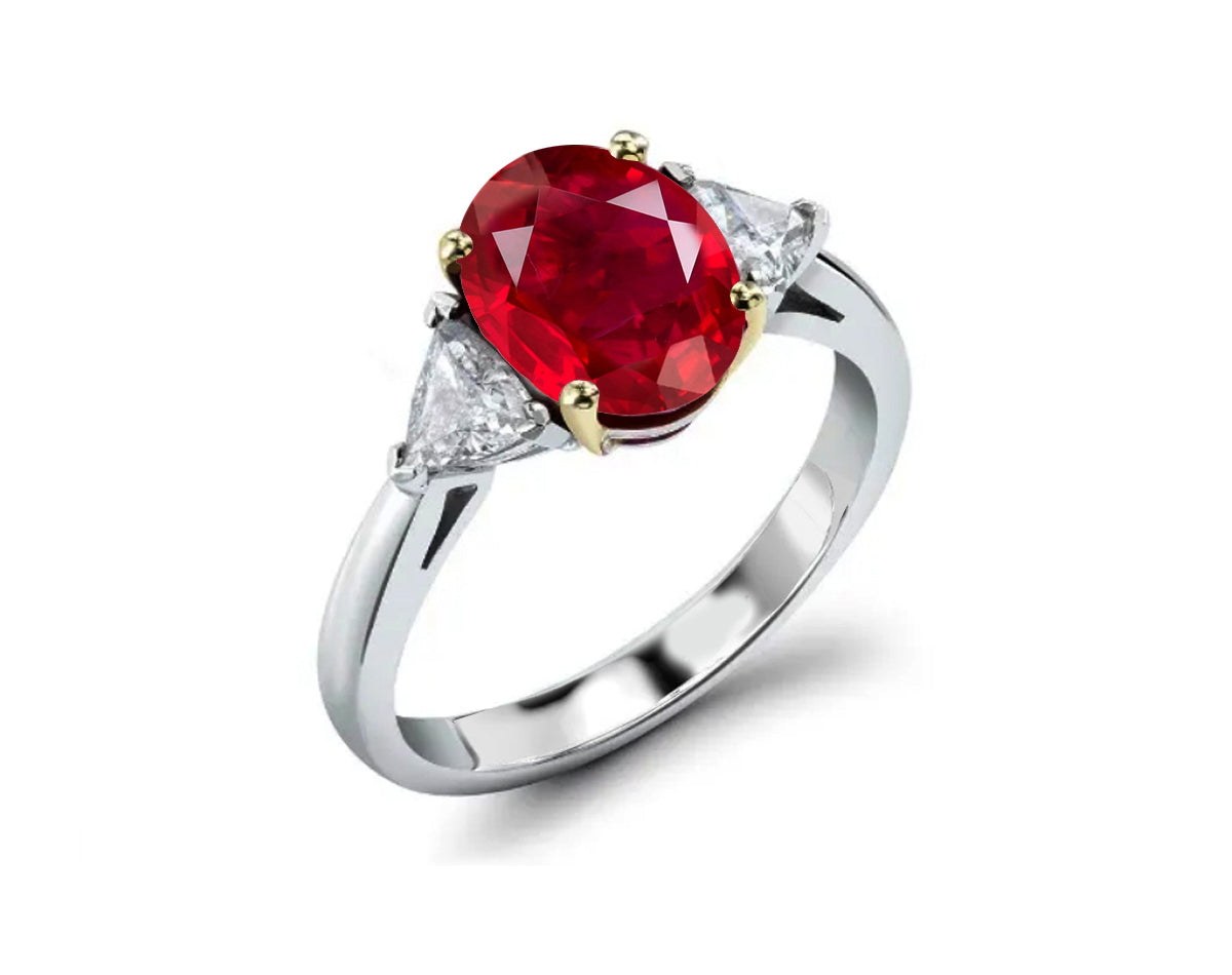 218 custom made unique oval ruby center stone and trillion diamond side three stone engagement ring