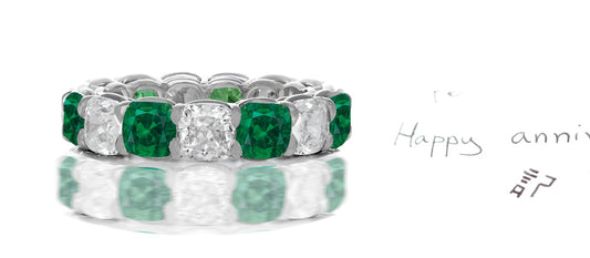 221 custom made stackable alternating cushion cut emerald and diamond eternity band ring