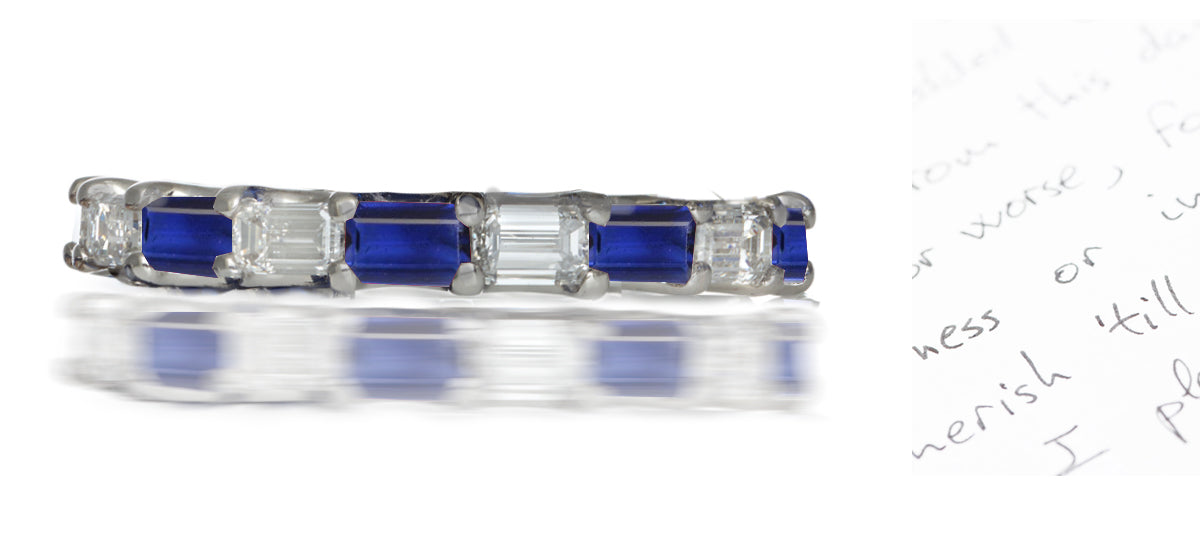 222 custom made stackable alternating baguette cut blue sapphire and diamond eternity band ring