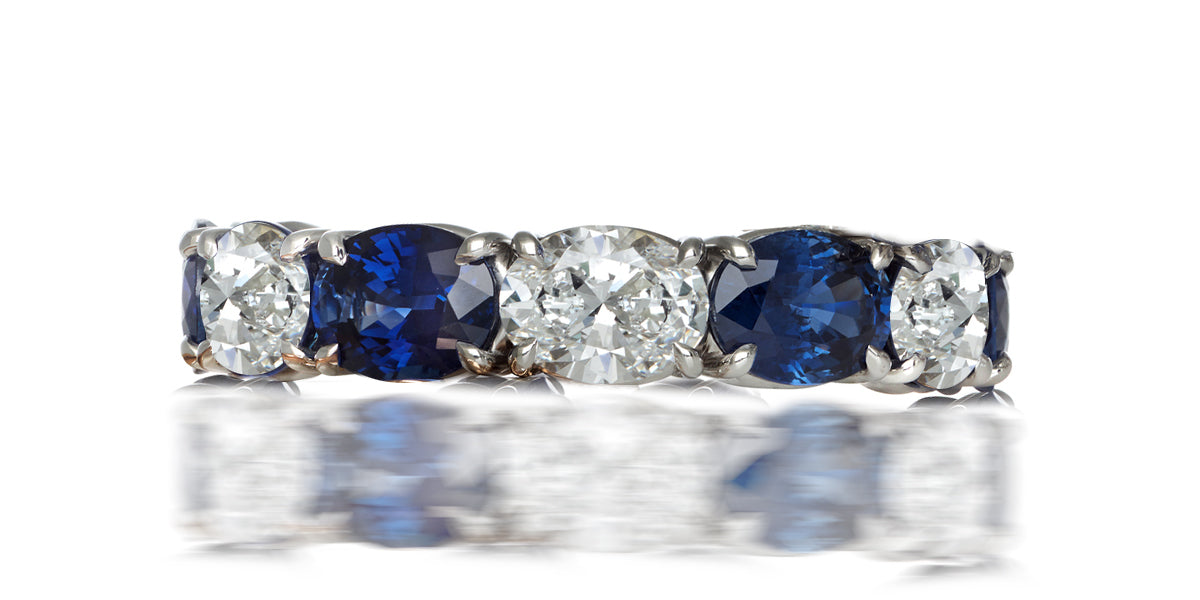 223 custom made stackable alternating oval cut blue sapphire and diamond eternity band ring