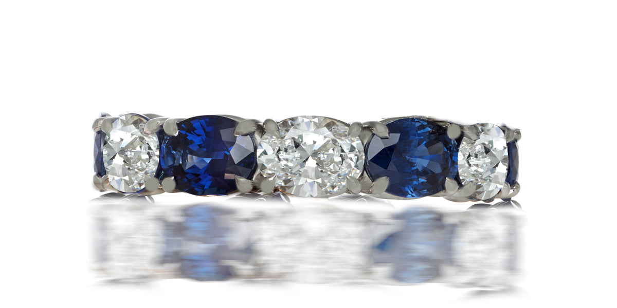 223 custom made stackable alternating oval cut blue sapphire and diamond eternity band ring