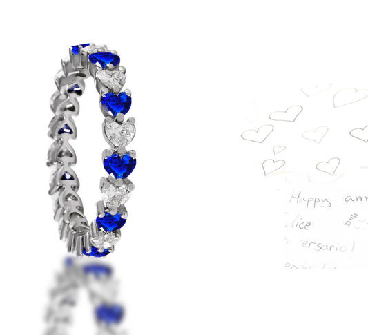 226 custom made stackable alternating heart blue sapphire and diamond eternity band ring