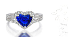 227 custom made unique heart blue sapphire center stone diamond halo and channel set diamond band engagement ring