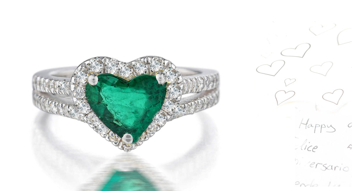 227 custom made unique heart emerald center stone diamond halo and channel set diamond band engagement ring