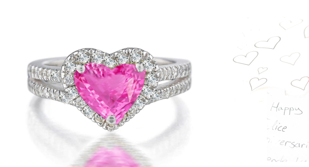 227 custom made unique heart pink sapphire center stone diamond halo and channel set diamond band engagement ring