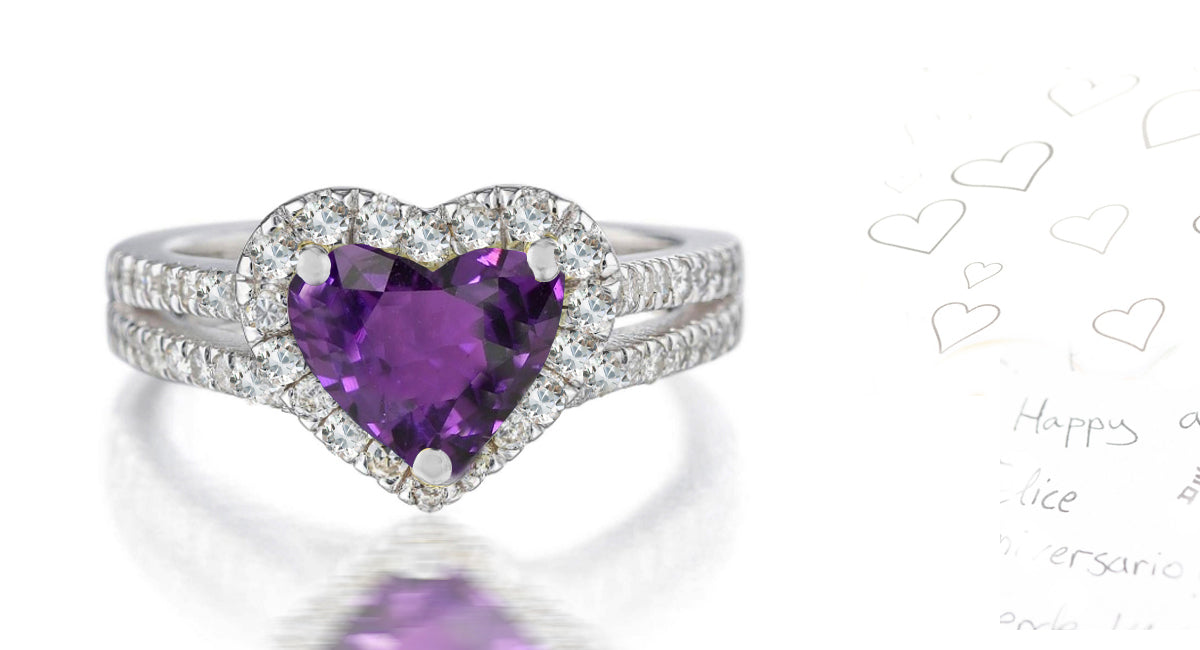 227 custom made unique heart purple sapphire center stone diamond halo and channel set diamond band engagement ring