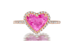 228 custom made unique heart pink sapphire center stone diamond halo and channel set diamond band engagement ring