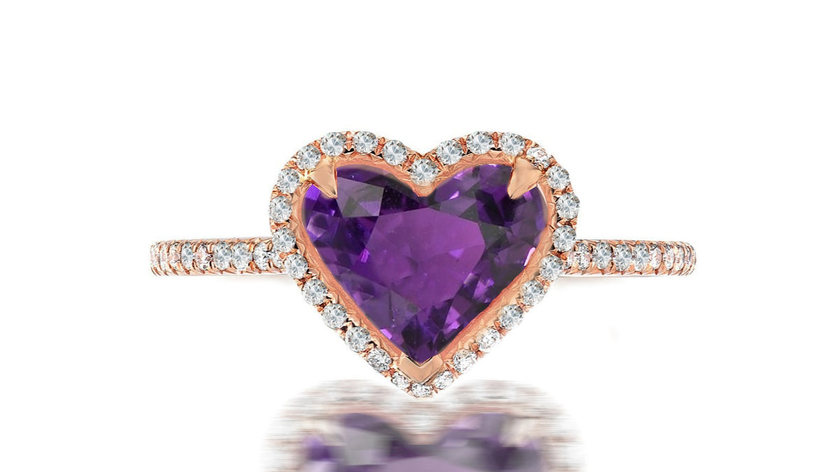 228 custom made unique heart purple sapphire center stone diamond halo and channel set diamond band engagement ring