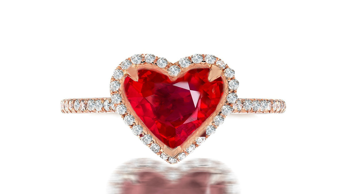 228 custom made unique heart ruby center stone diamond halo and channel set diamond band engagement ring