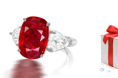 232 custom made unique oval ruby center stone and fancy diamond side three stone engagement ring