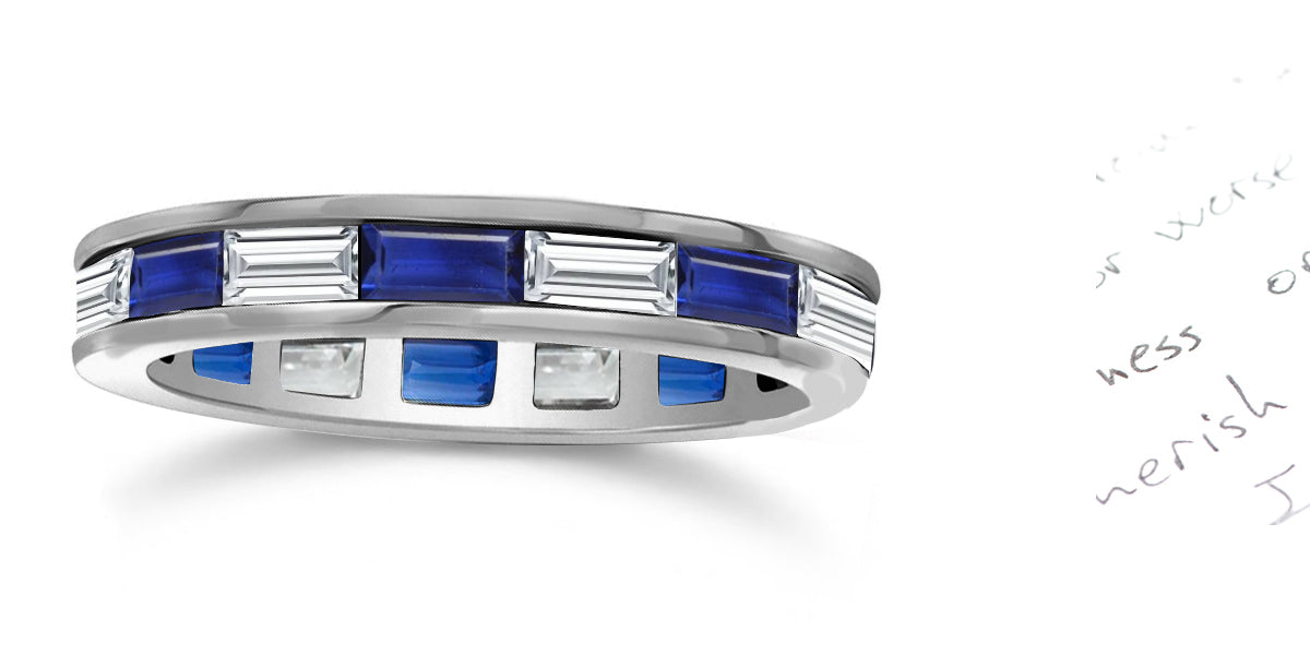 236 custom made unique stackable alternating baguette blue sapphire and diamond eternity band ring