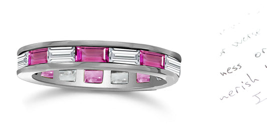 236 custom made unique stackable alternating baguette pink sapphire and diamond eternity band ring