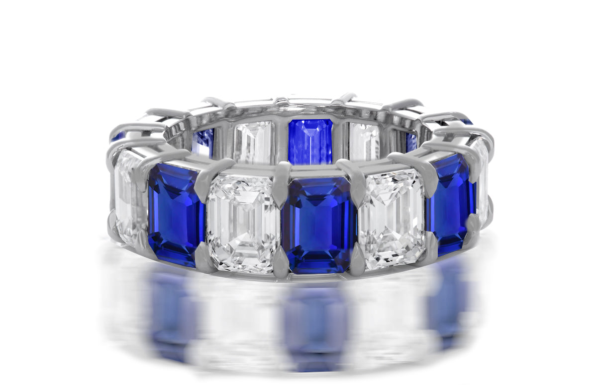 237 custom made unique stackable alternating emerald cut blue sapphire and diamond eternity band ring