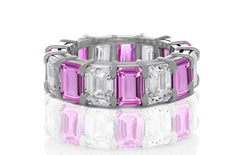 237 custom made unique stackable alternating emerald cut pink sapphire and diamond eternity band ring