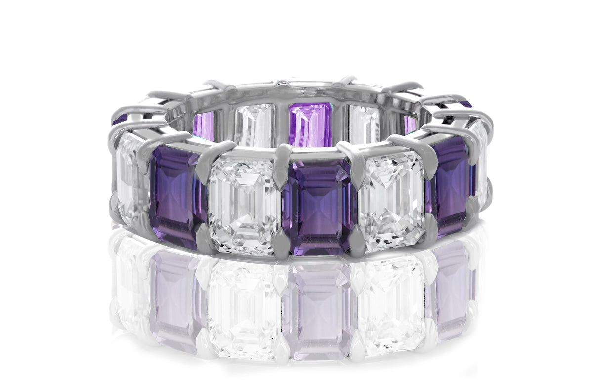 237 custom made unique stackable alternating emerald cut purple sapphire and diamond eternity band ring