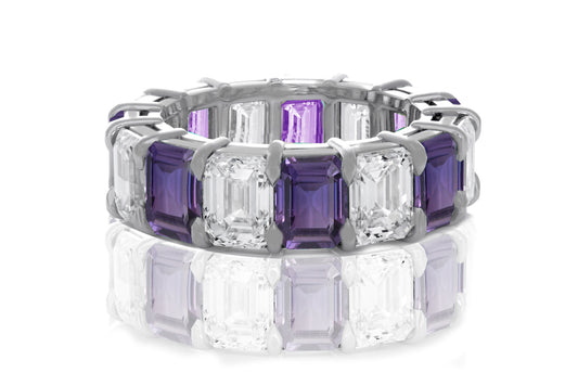 237 custom made unique stackable alternating emerald cut purple sapphire and diamond eternity band ring