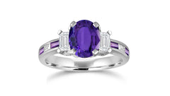 240 custom made unique oval purple sapphire center stone and baguette purple sapphire diamond side engagement ring