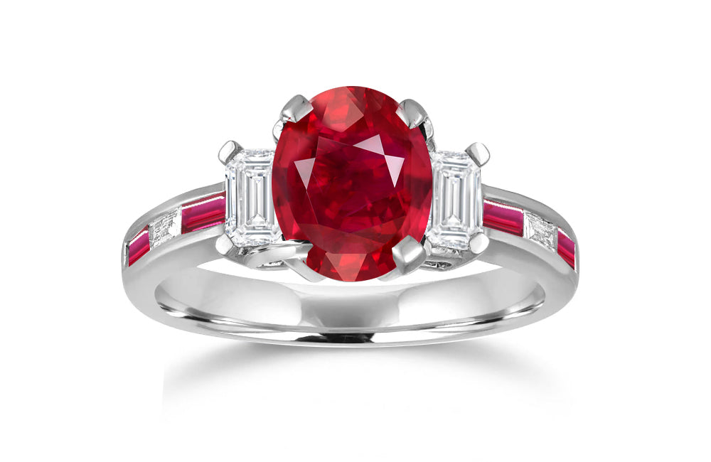 240 custom made unique oval ruby center stone and baguette ruby diamond side engagement ring