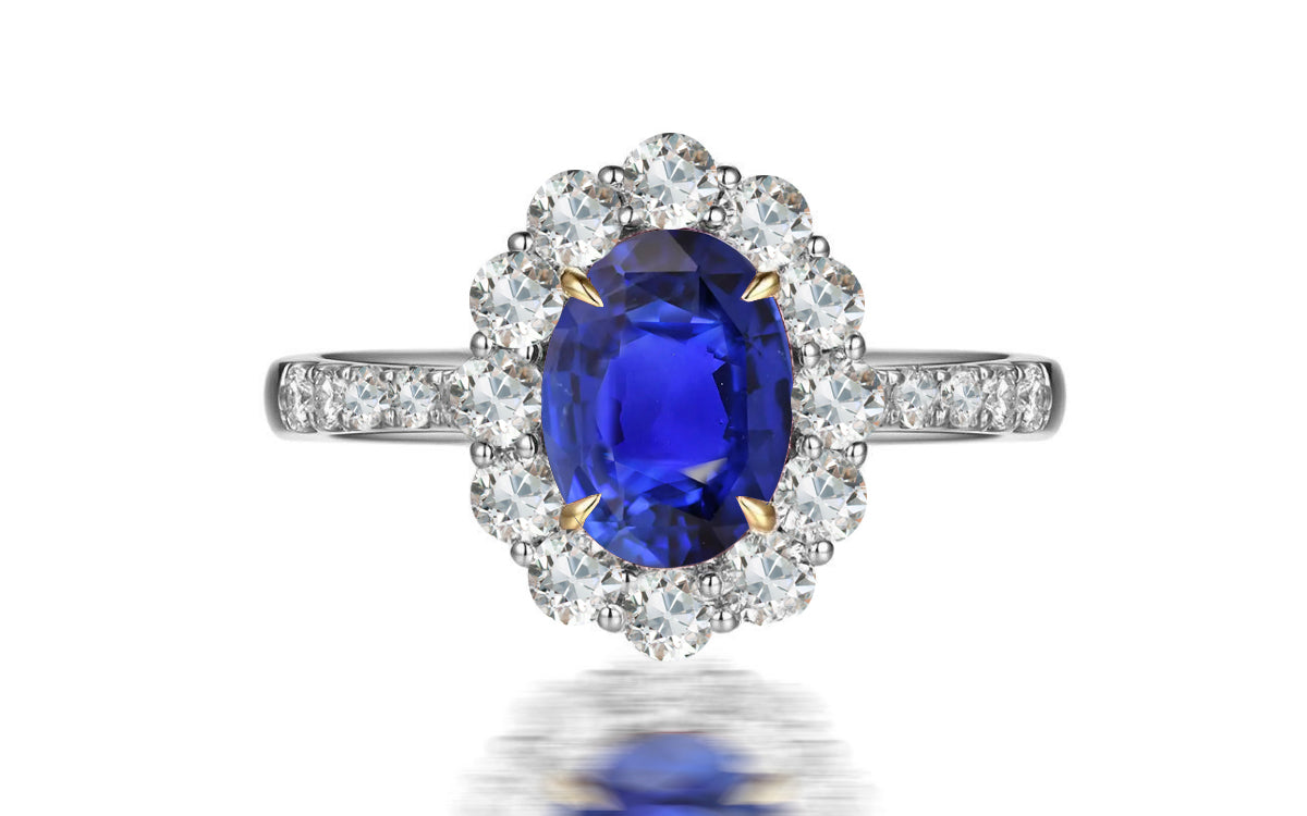 241 custom made unique oval blue sapphire center stone and diamond halo band engagement ring