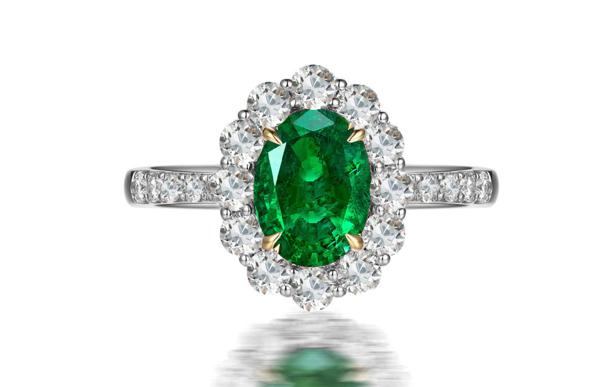 241 custom made unique oval emerald center stone and diamond halo band engagement ring