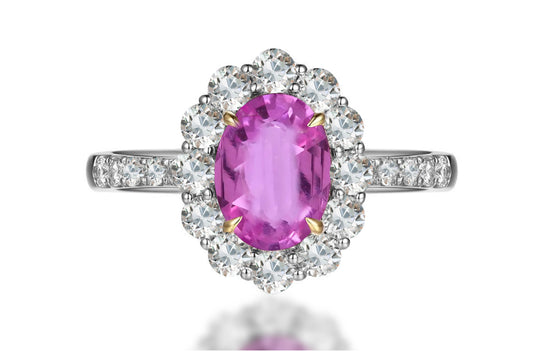 241 custom made unique oval pink sapphire center stone and diamond halo band engagement ring