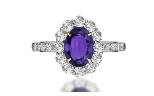 241 custom made unique oval purple sapphire center stone and diamond halo band engagement ring