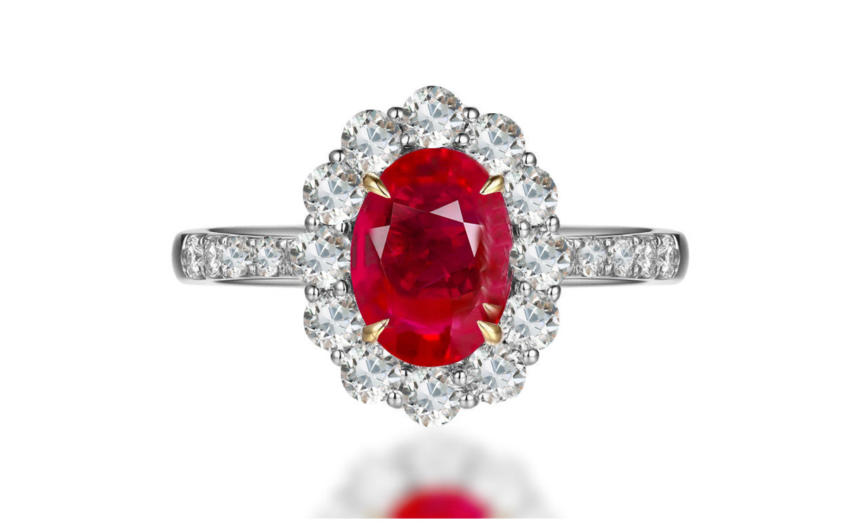 241 custom made unique oval ruby center stone and diamond halo band engagement ring