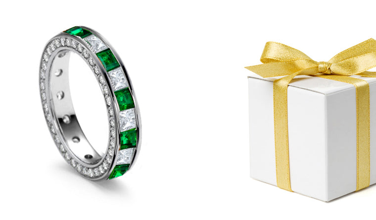 stackable eternity ring with alternating square emeralds and diamonds