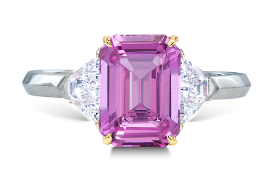 25 custom made unique emerald cut pink sapphire center stone with trillion diamond accents three stone engagement ring