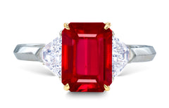 25 custom made unique emerald cut ruby center stone with trillion diamond accents three stone engagement ring