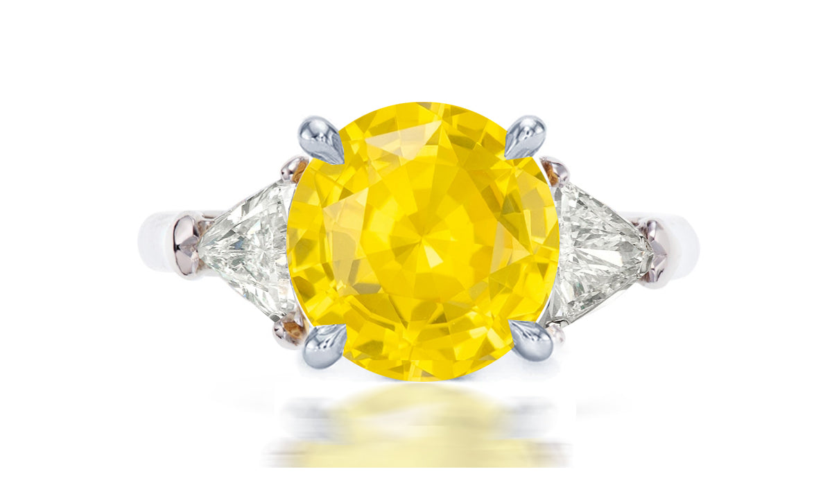 254 custom made unique round yellow sapphire center stone and trillion diamond accent three stone engagement ring