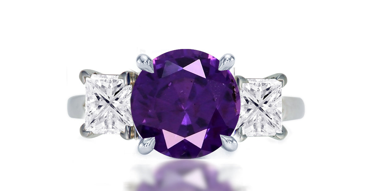 255 custom made unique round purple sapphire center stone and square diamond accent three stone engagement ring1