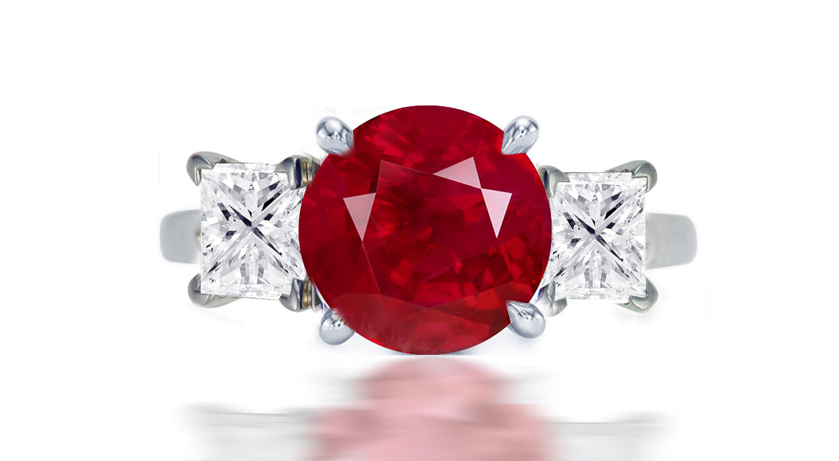 255 custom made unique round ruby center stone and square diamond accent three stone engagement ring1