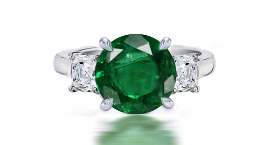 257 custom made unique round emerald center stone and asscher cut diamond accent three stone engagement ring